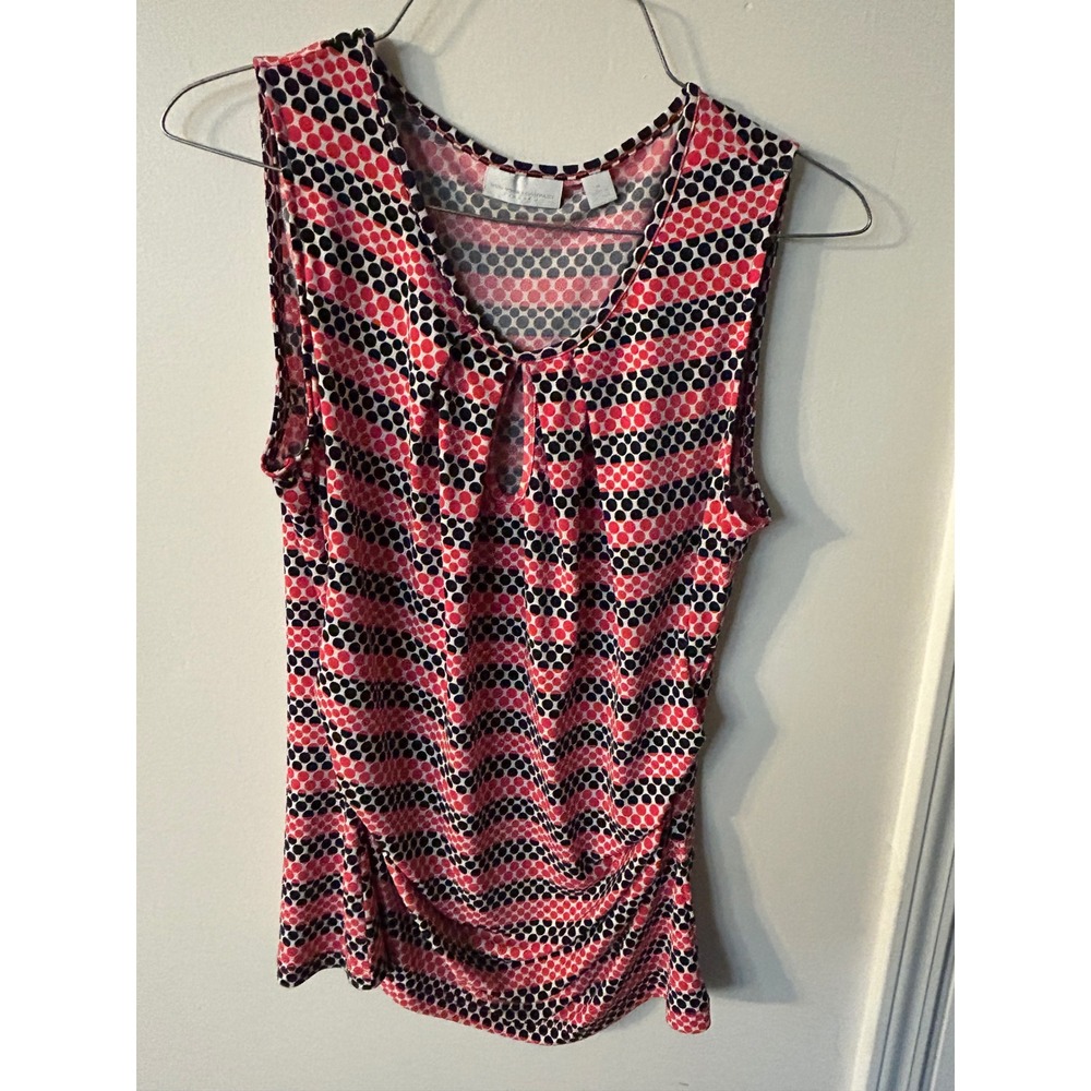 New York & Company Red Navy Polka Dot Stripe Keyhole Ruched Sleeveless Blouse M